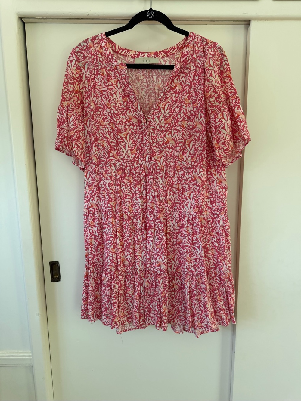 LOFT Pink & White Floral V-Neck Short Sleeve Tunic Dress
